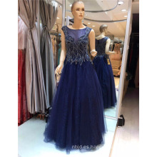 2017 magnífico sin mangas azul oscuro de encaje de gama alta Tulle largo molde moldeado Appliqued A-line vestido de noche